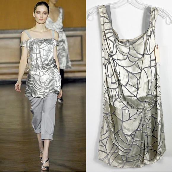 Thakoon Runway Feather Devore Bateau Neck Off The Shoulder Top Metallic Silver